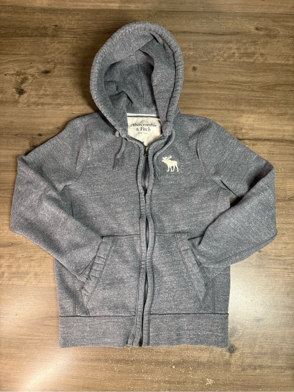 Y2K Abercrombie & Fitch Hoodie Mens M Gray Full Zip Moose Logo Heavyweight A&F